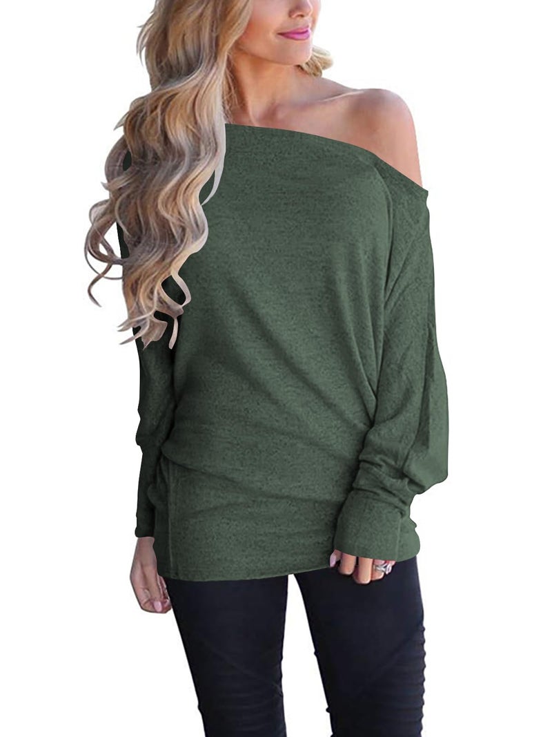 Poetsky Womens Tops and Blouses Off Shoulder Shirts Casual Loose Long Sleeve Tops, Green, L - Image 1